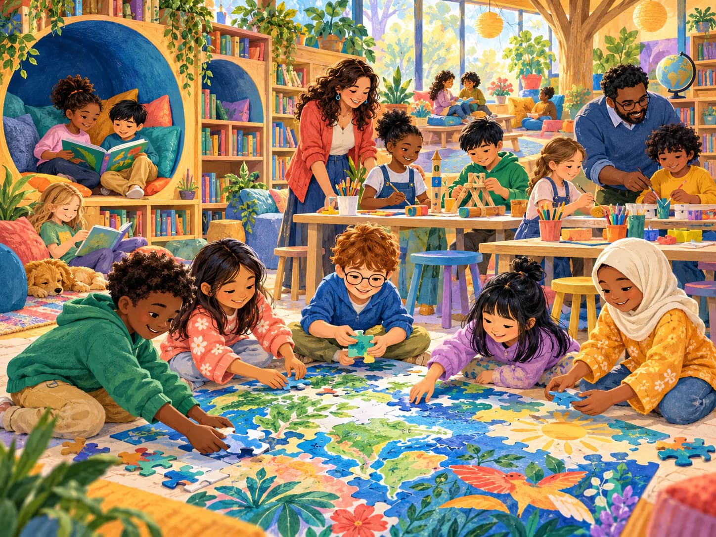 Children and educators create together in a school maker space