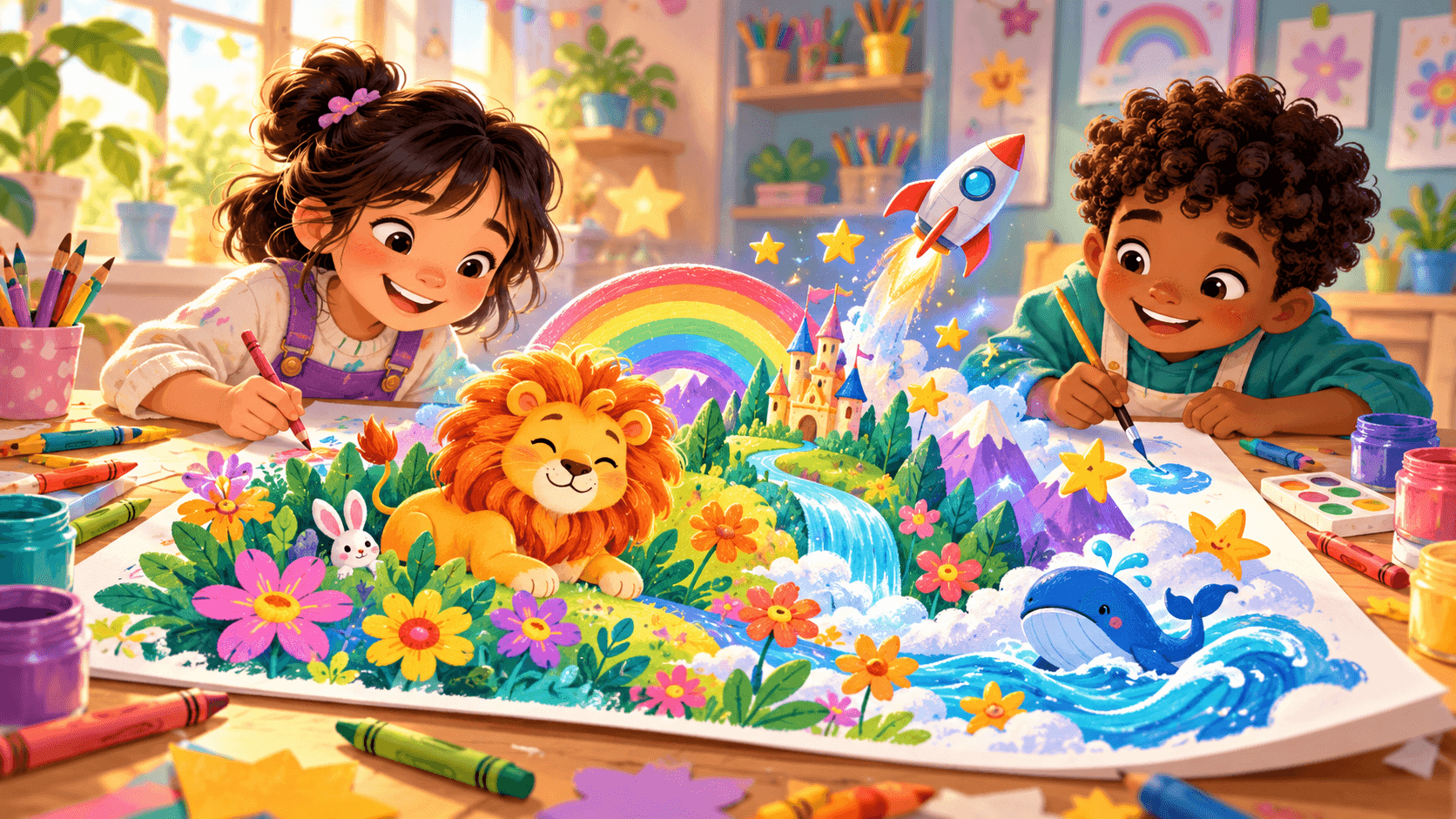 Children bringing a colorful imaginary world to life with crayons and paint