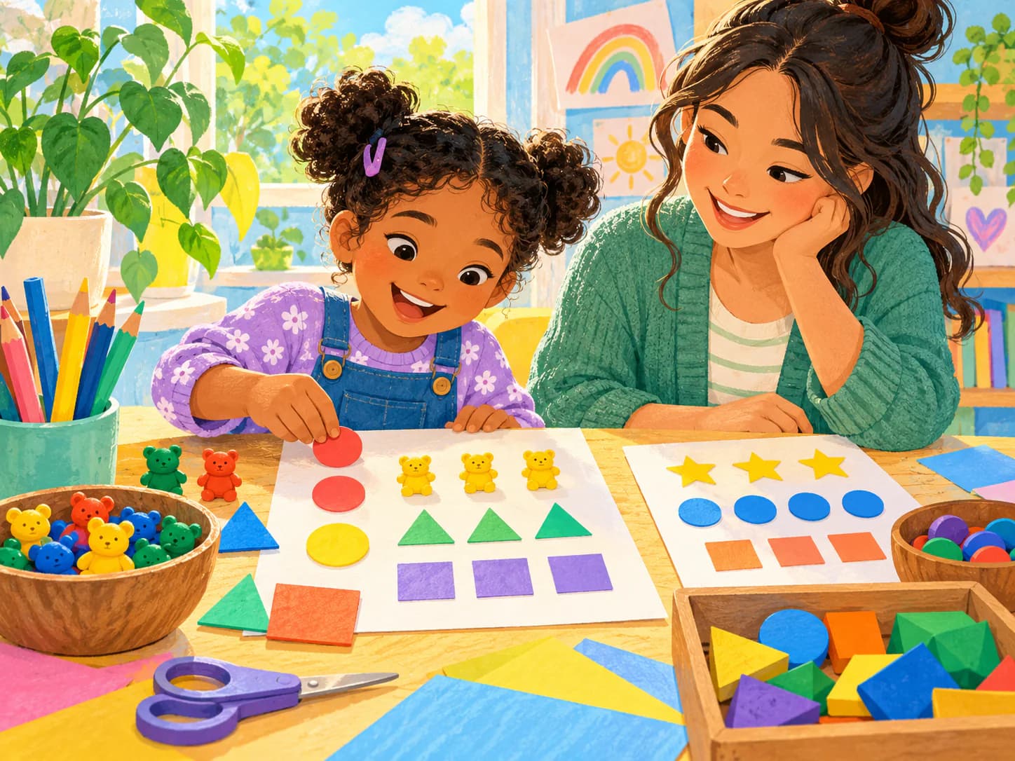 A child matching colorful shapes and objects at a craft table