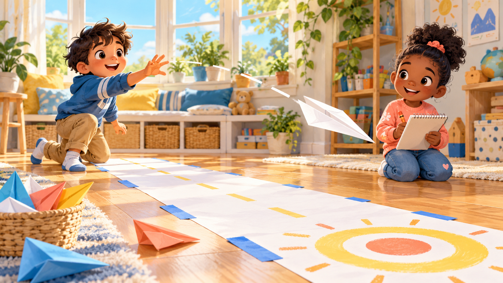 Two children test a paper airplane above a handmade runway in a bright playroom.