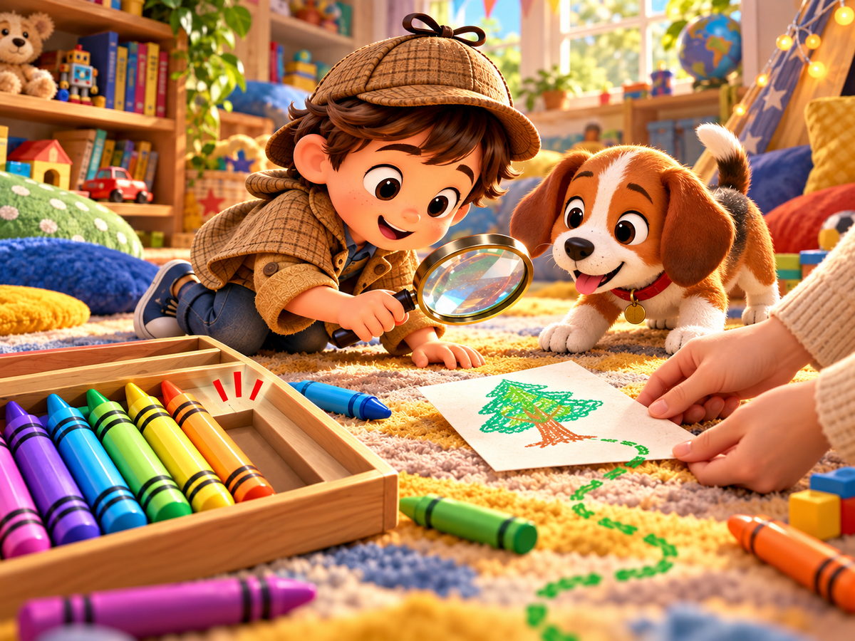 An adult places an empty crayon box and picture clue in front of a young child detective.