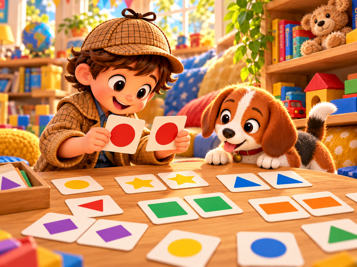 A young child detective matches pairs of colorful shape cards on a playroom table.