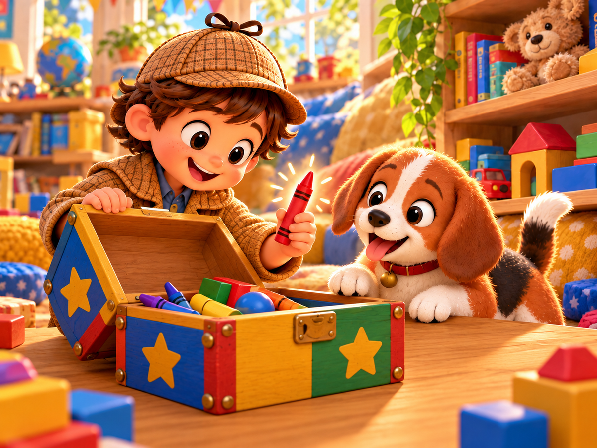 A delighted young child detective discovers a red crayon in a colorful open treasure box.