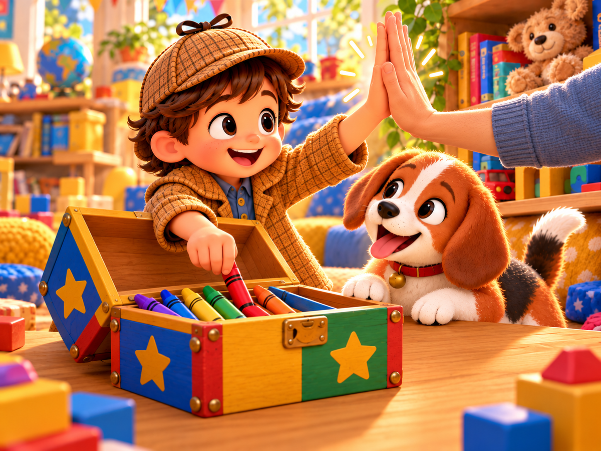 A proud young child detective returns a red crayon to its box and gives an adult a high-five.