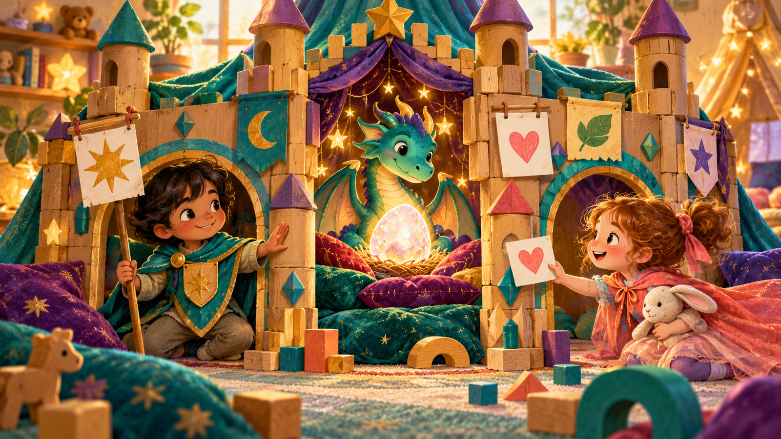 Children guard a glowing pretend dragon egg inside a colorful block castle.