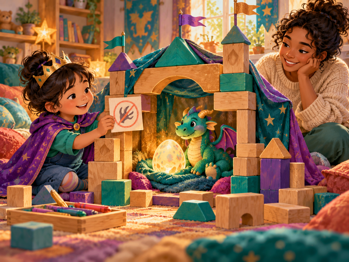 A child prepares a low block egg room, friendly dragon toy, and warning symbol.