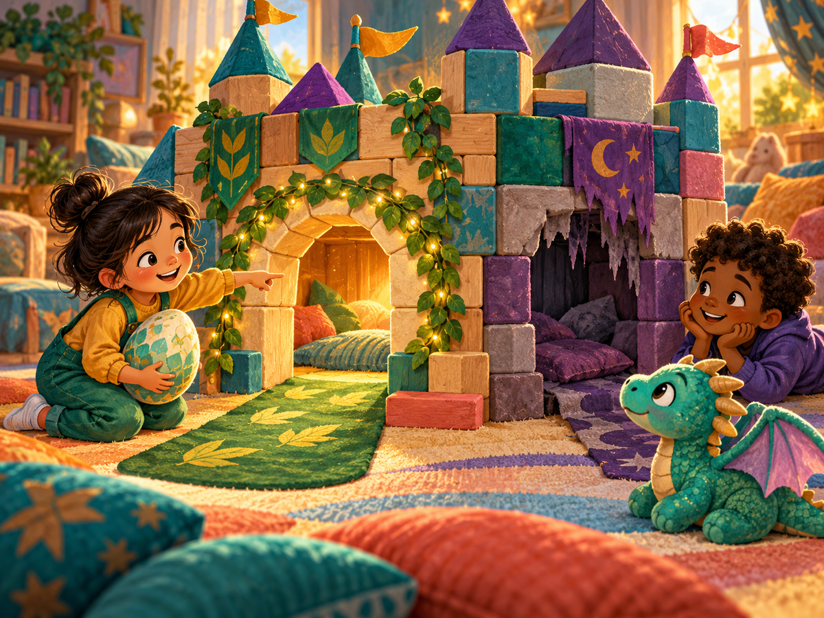 Two children compare two entrances to a block castle protecting a dragon egg.