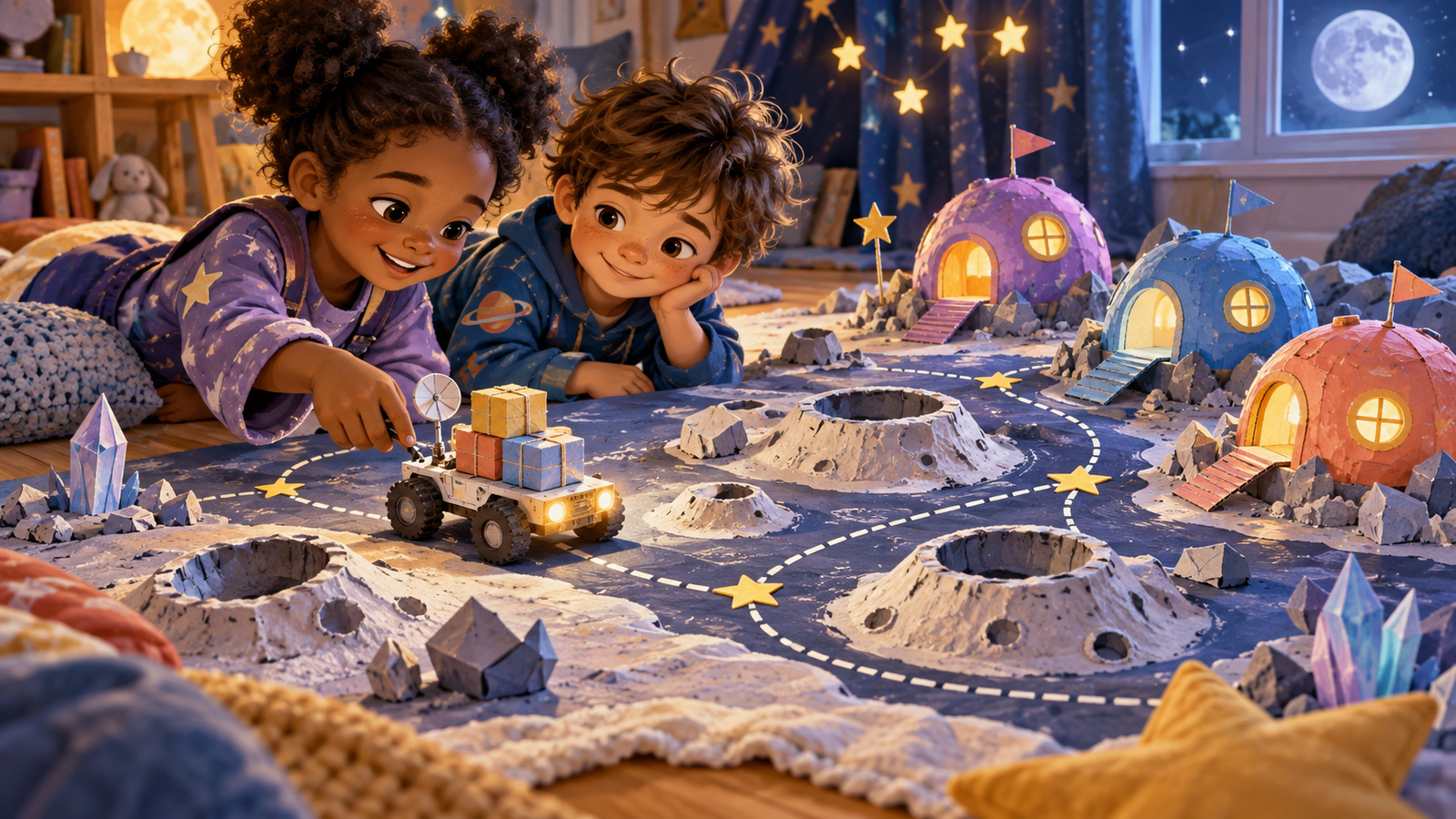 Two children guide a toy rover carrying parcels across an imaginative moon map.