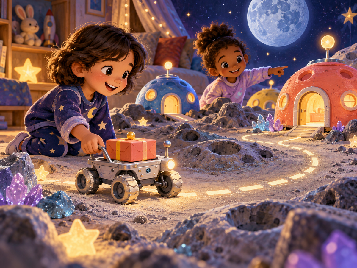A child guides a toy moon rover carrying a parcel toward a matching dome house.