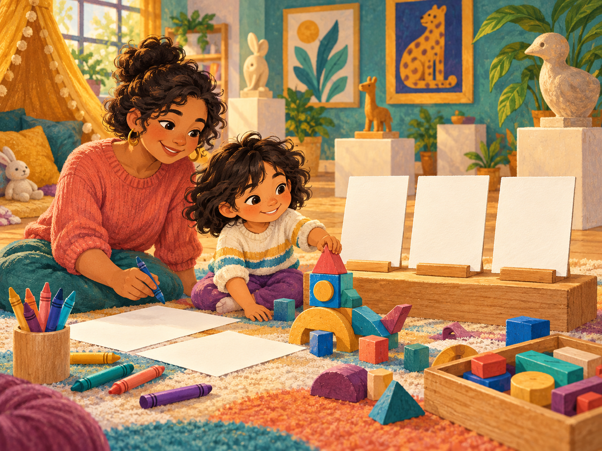 A child and adult prepare blank museum cards and a small colorful block invention.
