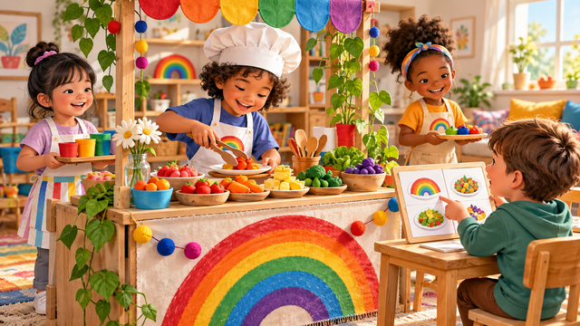 Children run a cheerful pretend rainbow restaurant with colorful toy food.