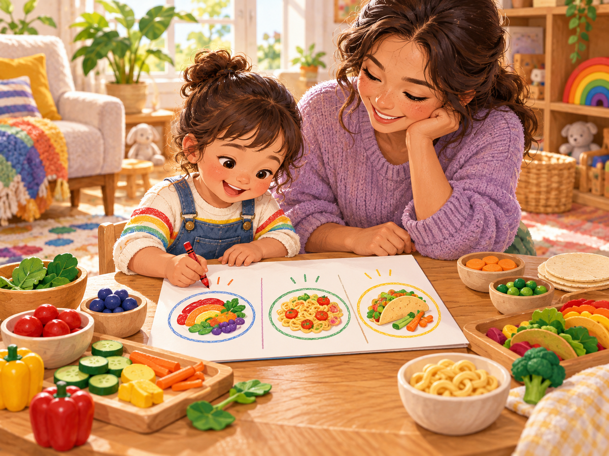 A child and adult draw three picture meals and arrange colorful toy food on a low table.