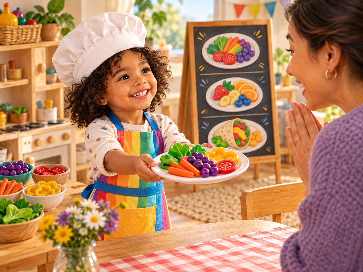 A smiling child chef presents a colorful pretend meal to an adult customer.