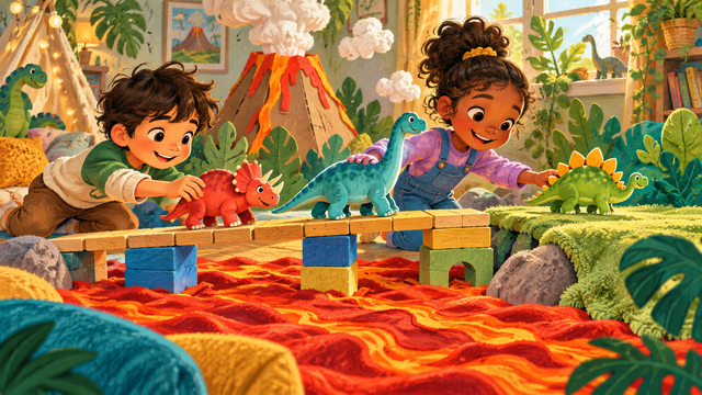 Children guide three toy dinosaurs over a low block bridge across pretend lava.