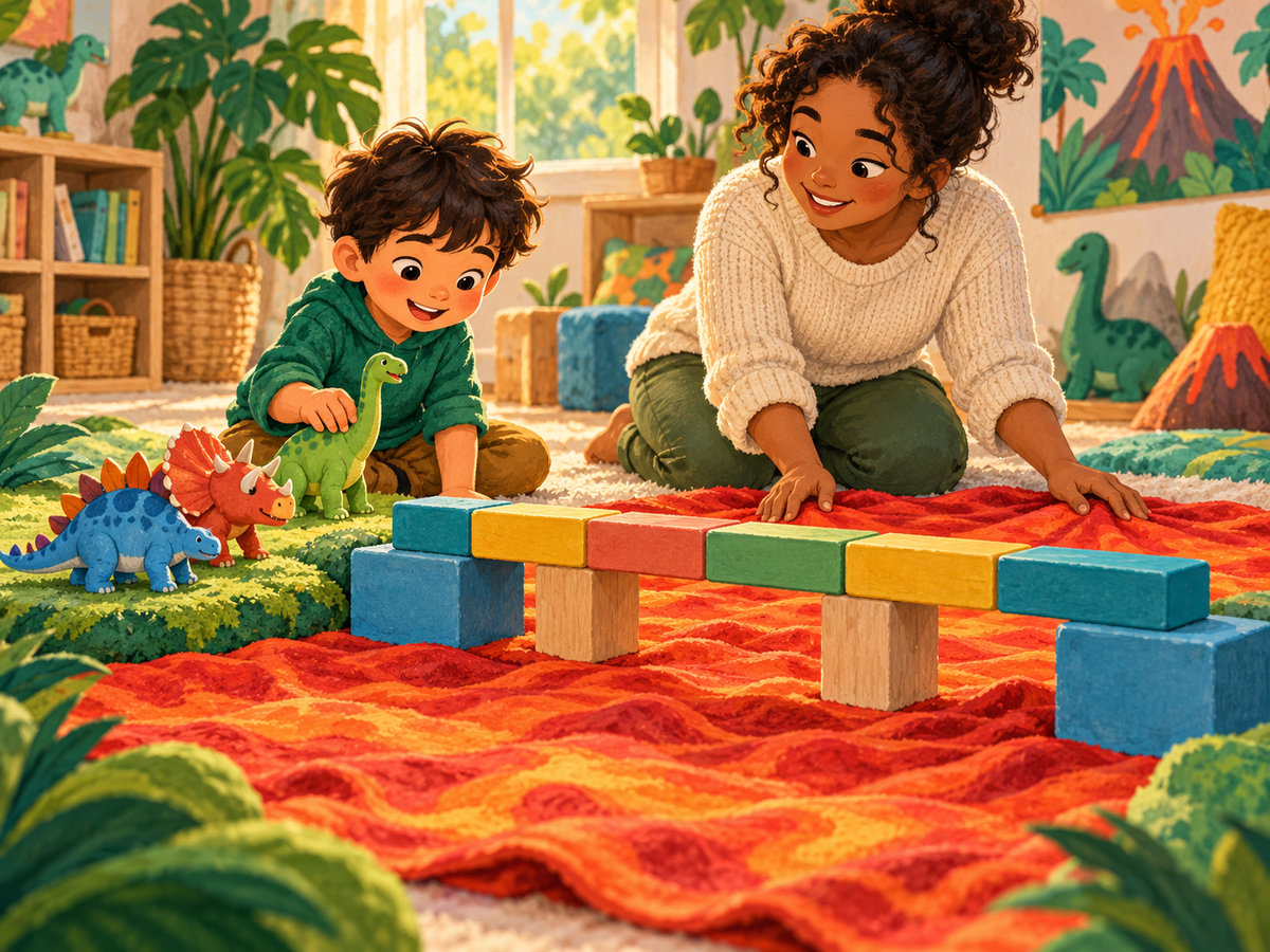 A child and adult set up three toy dinosaurs and a low block bridge over blanket lava.