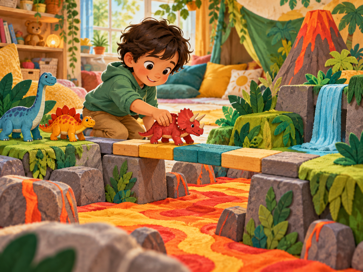A kneeling child carefully guides a toy triceratops across a low block bridge.