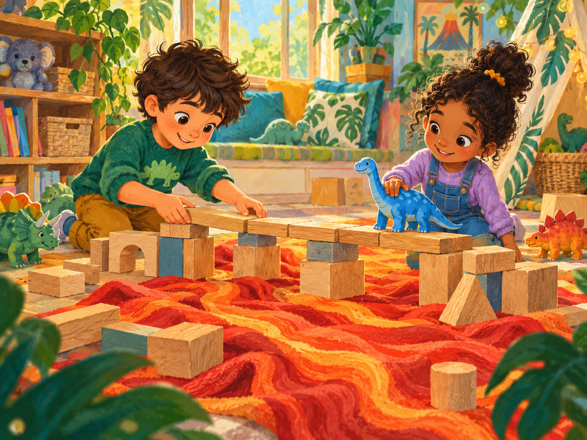 Two kneeling children rebuild a longer stable bridge and guide a blue toy dinosaur across.