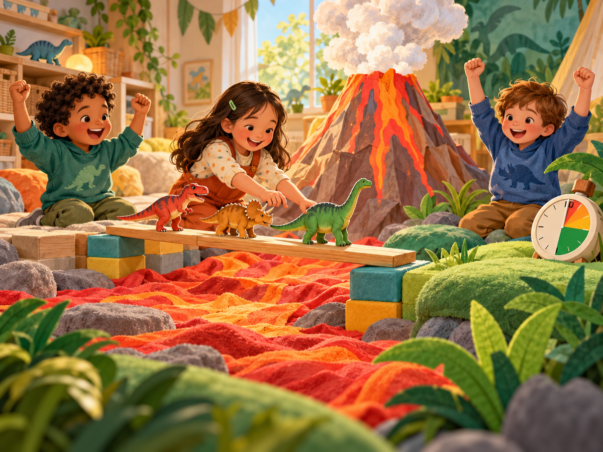 Children celebrate after guiding three toy dinosaurs over a low bridge before a colorful timer ends.