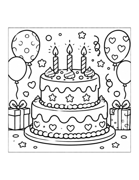 Printable birthday cake coloring page for ages 5-6.