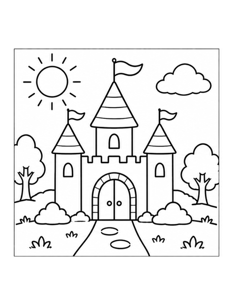 Printable castle coloring page for ages 3-4.