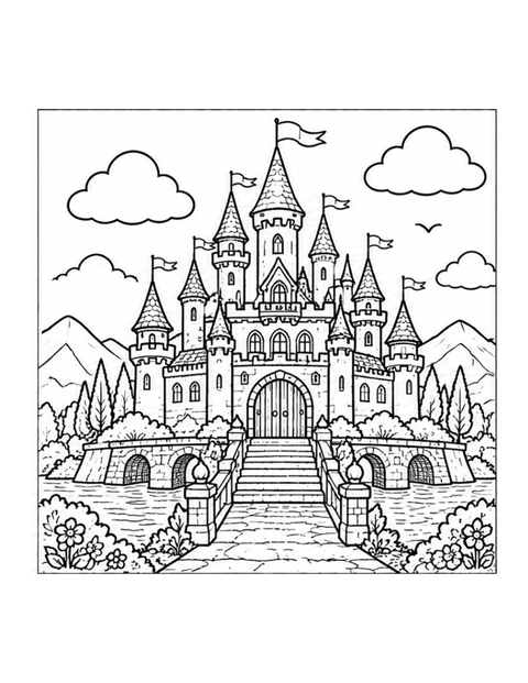 Printable castle coloring page for ages 7-8.