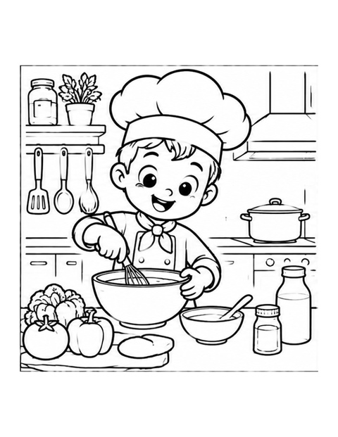 Printable chef coloring page for ages 5-6.