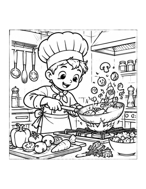 Printable chef coloring page for ages 7-8.