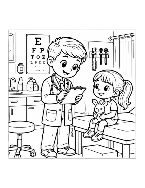 Printable doctor coloring page for ages 7-8.