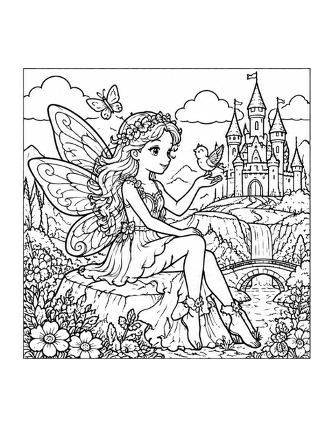 Printable fairy coloring page for ages 7-8.