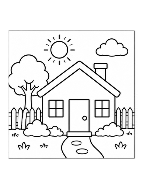 Printable house coloring page for ages 3-4.