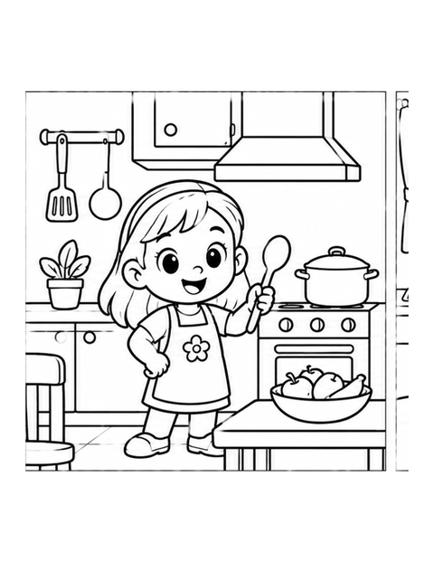 Printable kitchen coloring page for ages 3-4.