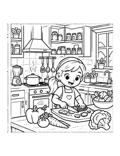 Printable kitchen coloring page for ages 7-8.