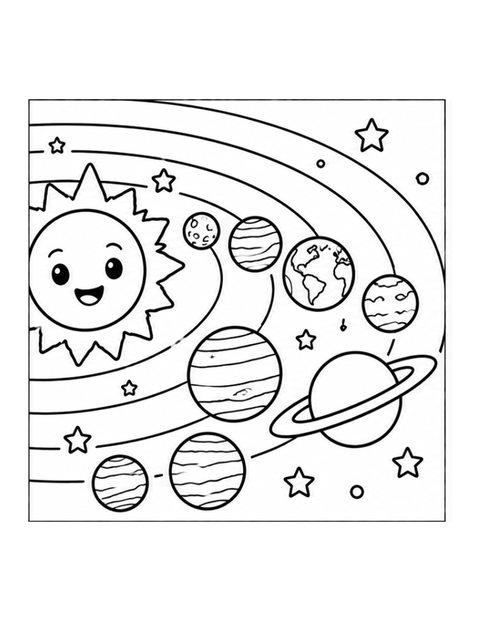 Printable planets coloring page for ages 3-4.