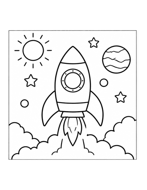 Printable rocket coloring page for ages 3-4.
