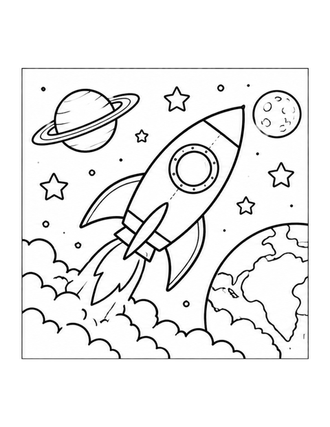 Printable rocket coloring page for ages 5-6.
