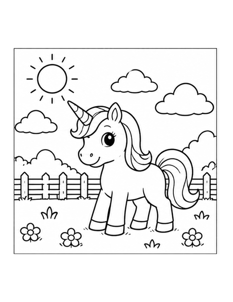 Printable unicorn coloring page for ages 3-4.